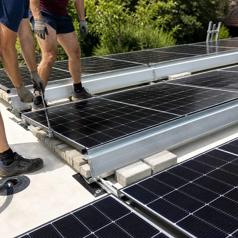 Monteur von Elektro VolteX bei der Modulmontage auf einem Flachdach in Niederösterreich