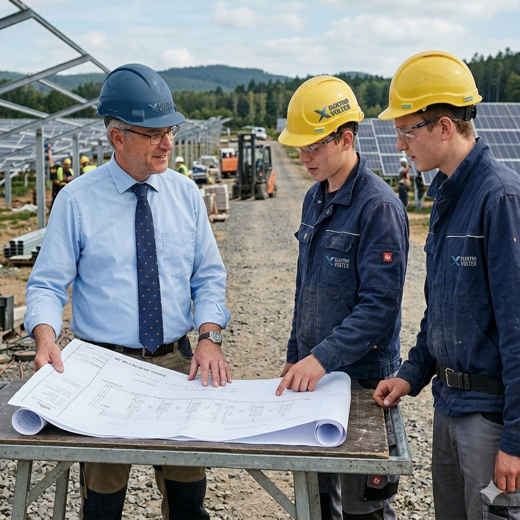 elektro-voltex-photovoltaik-anlage montage Fachkräfte besprechen die Installation von Solarmodulen